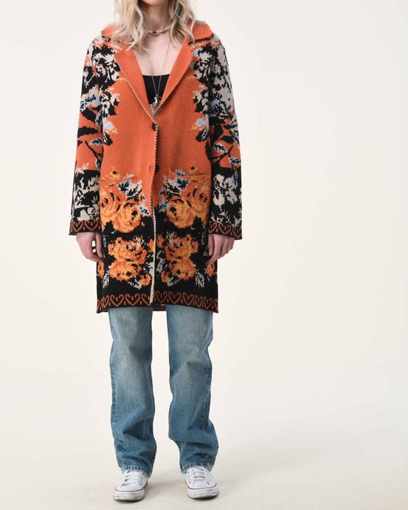 Front of a model wearing a size Large Flower Jacquard Collar And 3 Buttons Cardigan in Orange in Orange by Essitam. | dia_product_style_image_id:334272